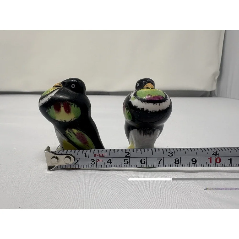 Hand Painted Puffy Bird Salt Pepper Shakers Purple Yellow Green 2 1/4 Japan Colo